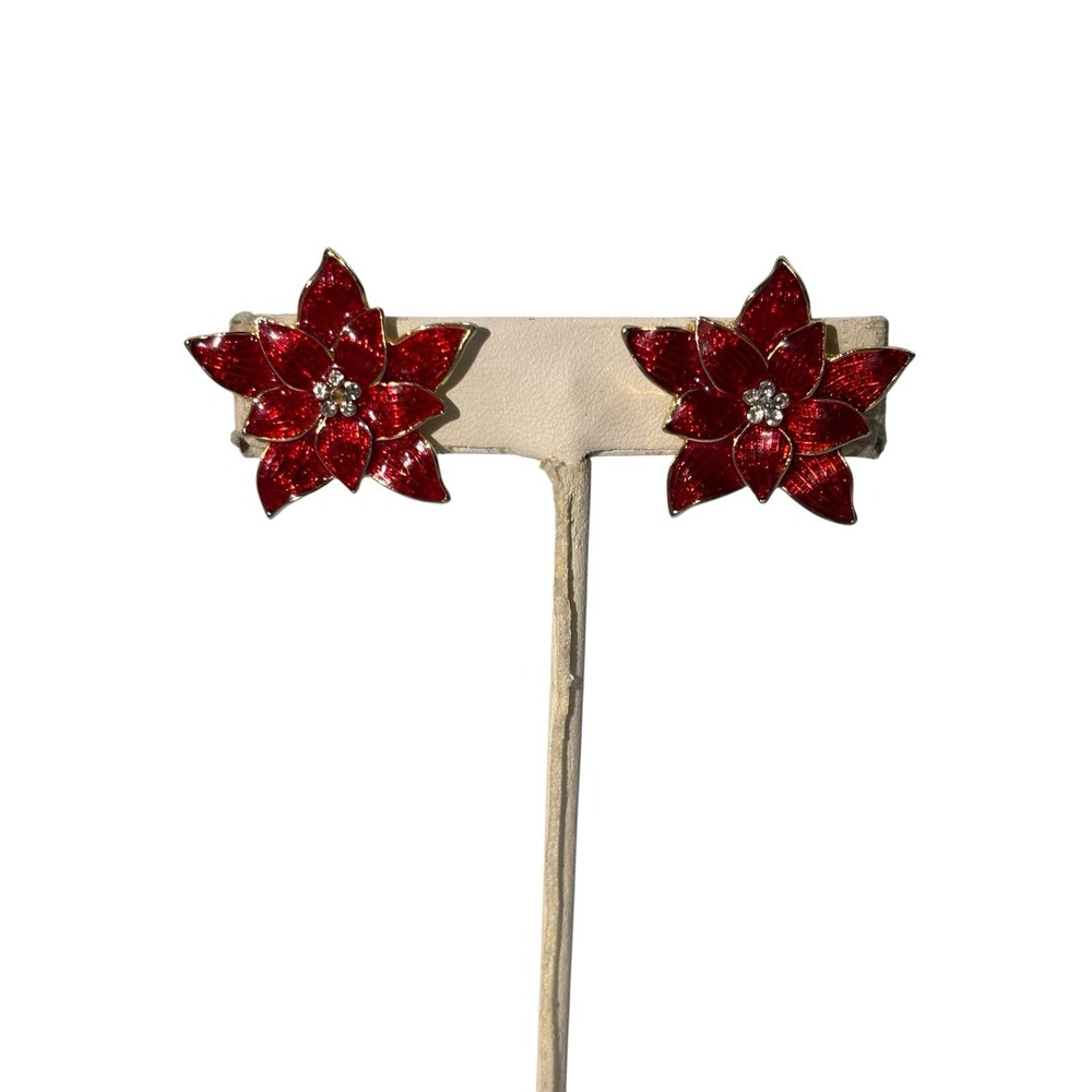 Vintage Eisenberg Gold Tone Red Enamel Crystal Poinsettia Flower ClipOn Earrings